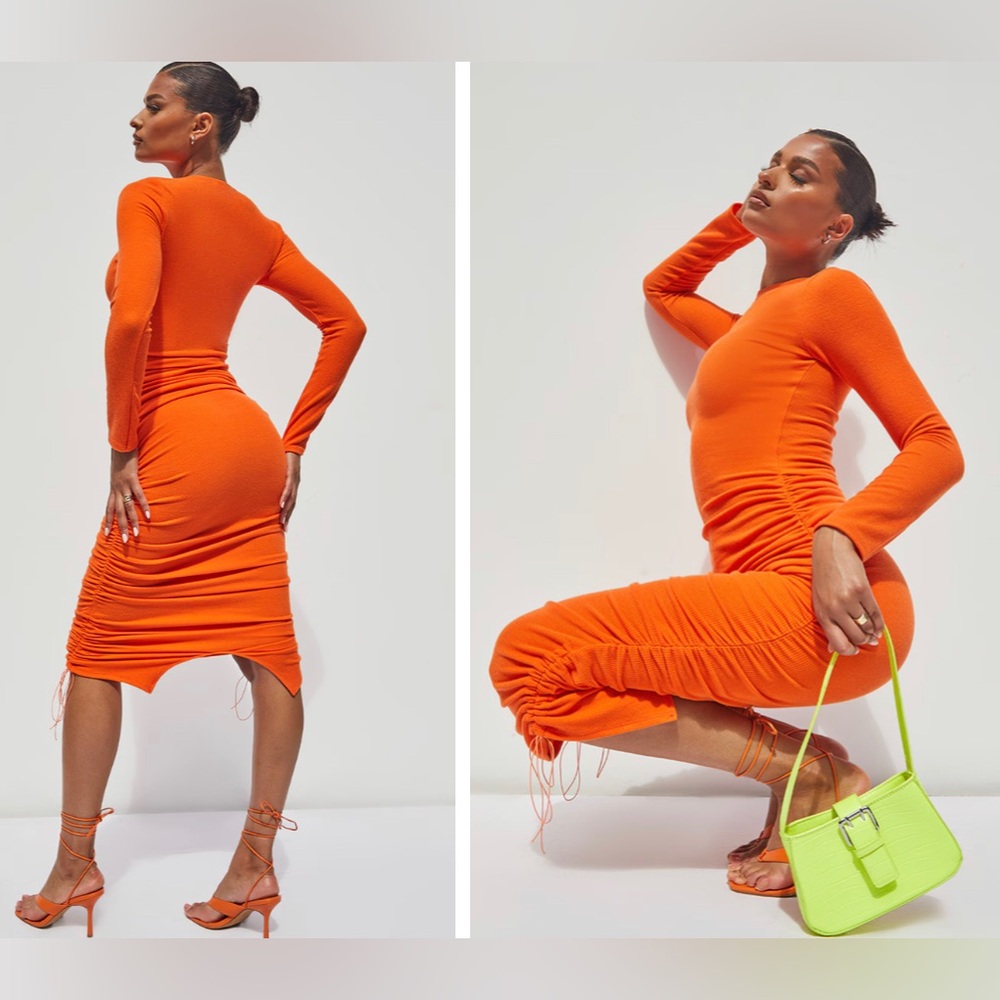 OPEN EDIT BODY CON RUCHED ORANGE LONG SLEEVE SEXY DRESS XS